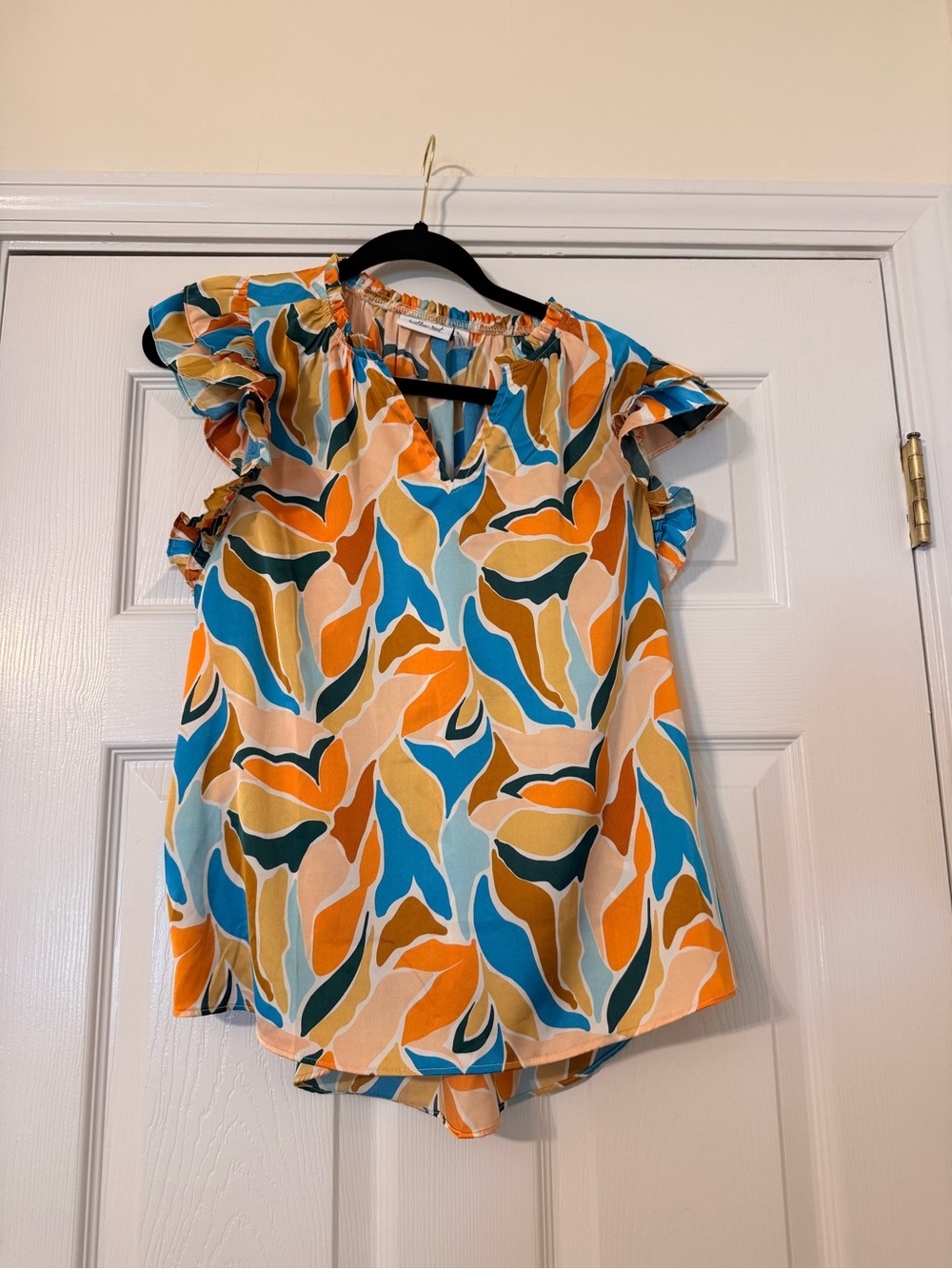 Vibrant Multicolor Flutter-Sleeve Blouse - Blue/Orange/Tan